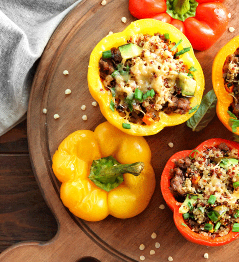 Stuffed Peppers with Ground Beef, Quinoa, Green Onion, and Zucchini